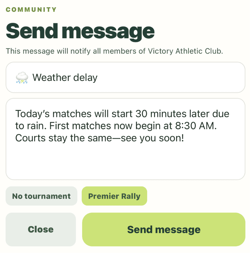 Community announcement explaining a weather delay