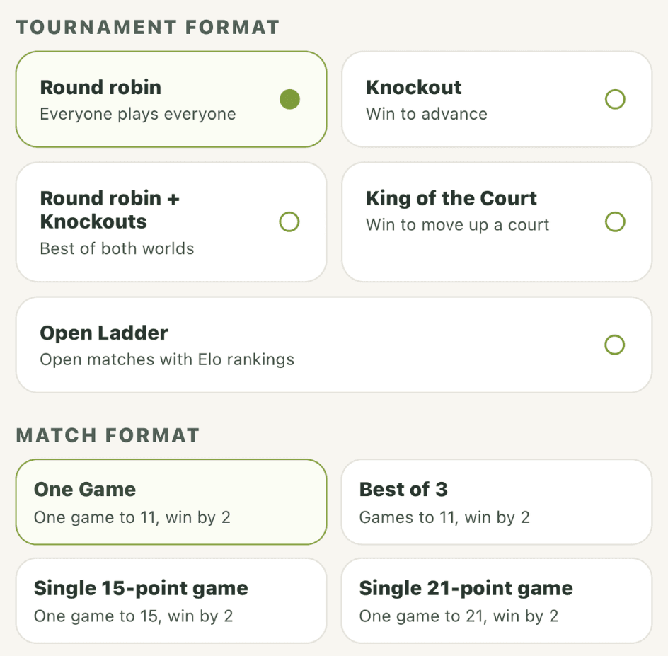 Tournament and match format options