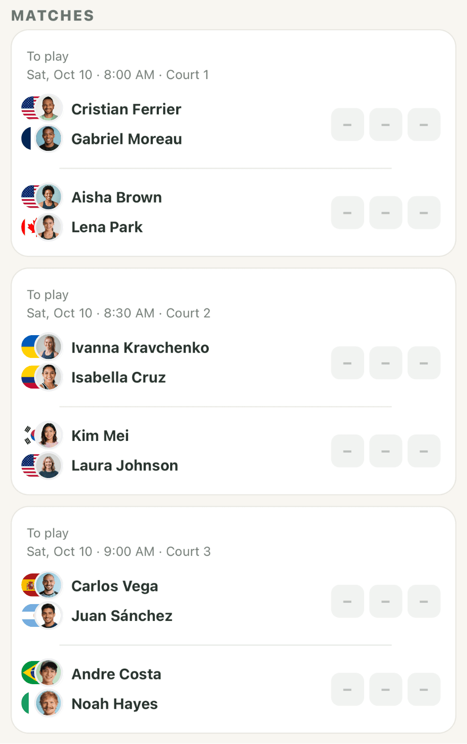 Upcoming matches with courts and start times
